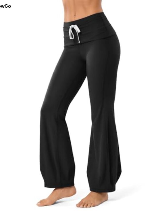 Pants - High Waist Fold-Over Flare Yoga Pants with Tummy Control and Drawstring for